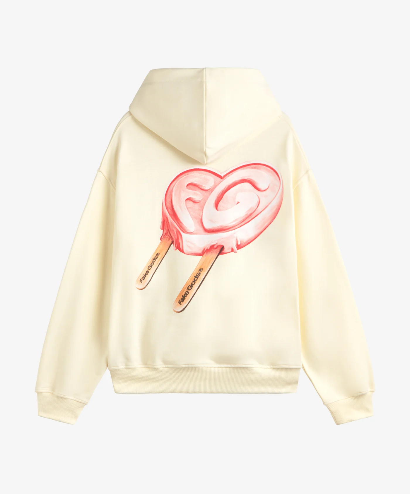 Sudadera blaca con un caramelo en al espalda y el print de la marca